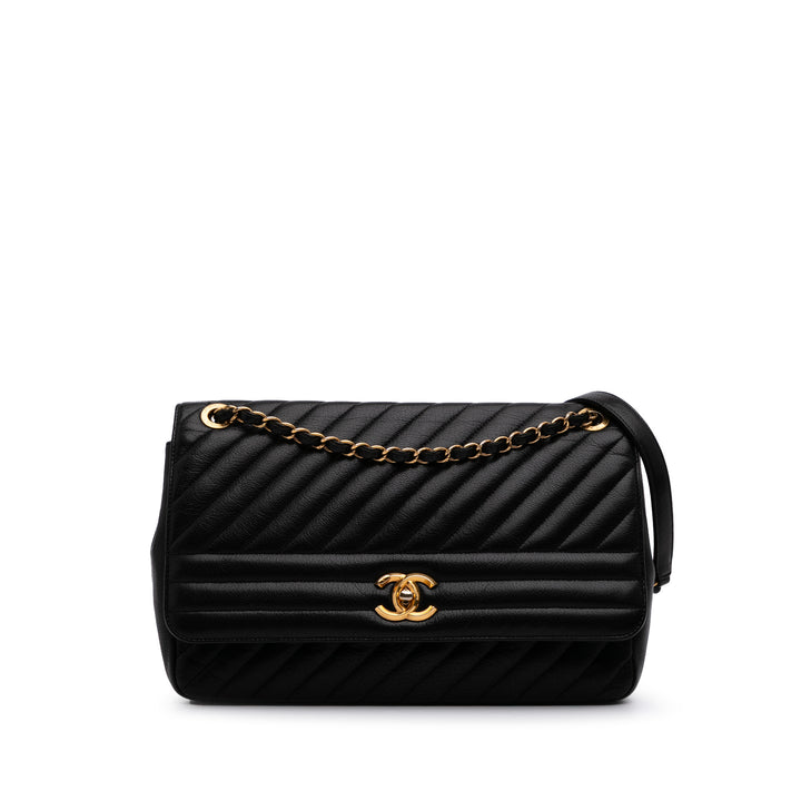 Large Diagonal Quilted Goatskin Flap Black - Gaby Paris