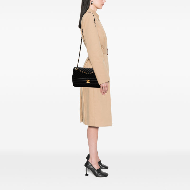 Large Diagonal Quilted Goatskin Flap Black - Gaby Paris