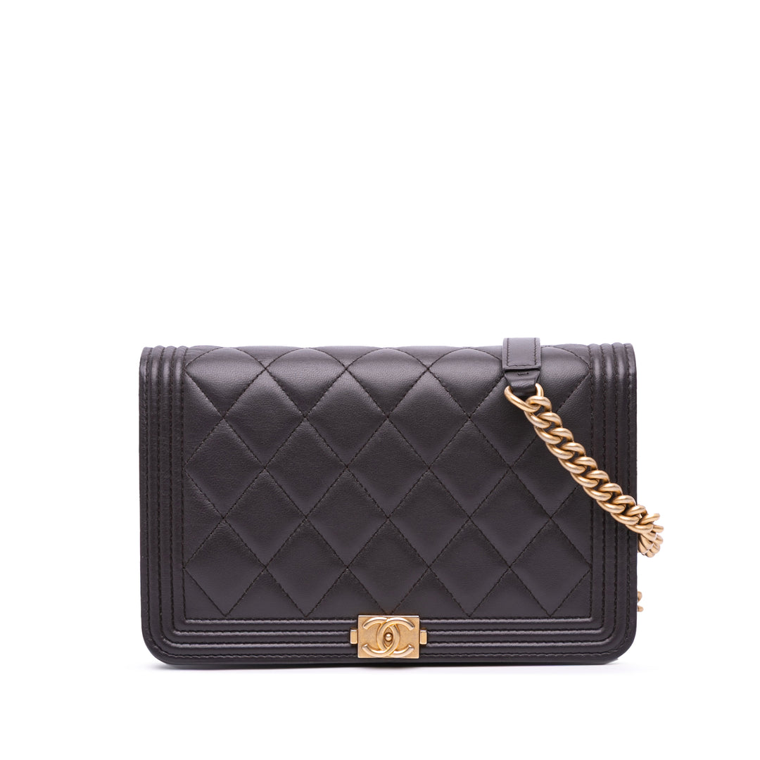 Quilted Lambskin Boy Wallet On Chain Brown - Gaby Paris