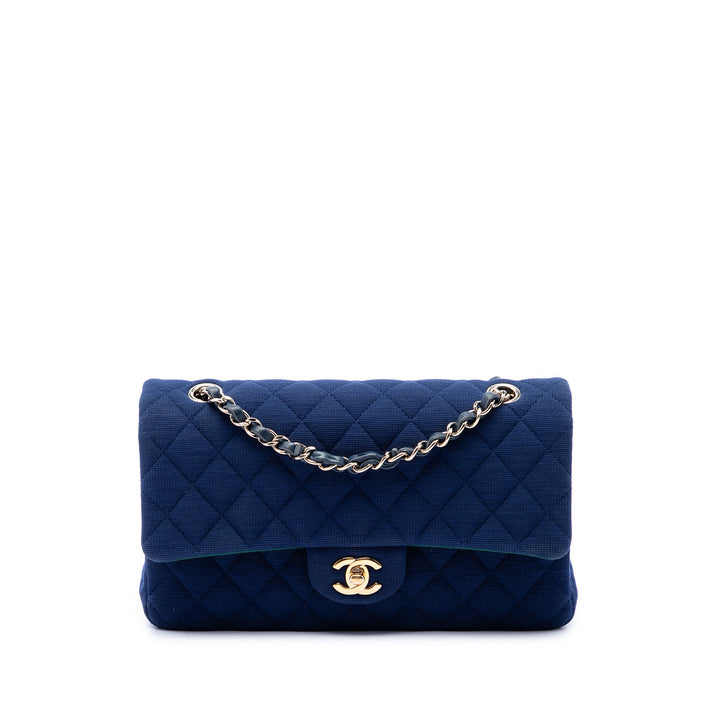 Chanel Sac porté épaule Classic Jersey Double rabat Moyen Bleu – vue principale – GABY PARIS