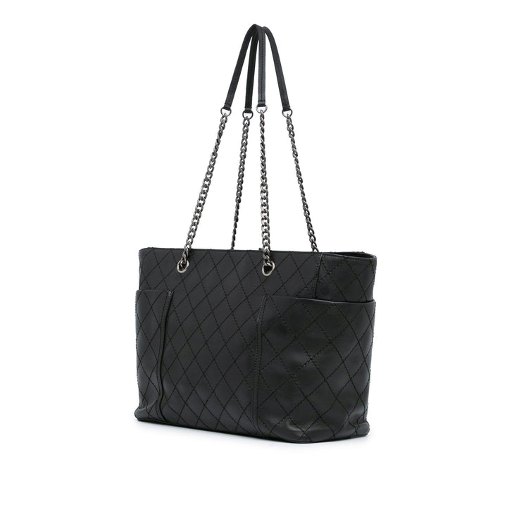 Medium CC Stitched Calfskin Pocket Zipped Chain Tote Black - Gaby Paris