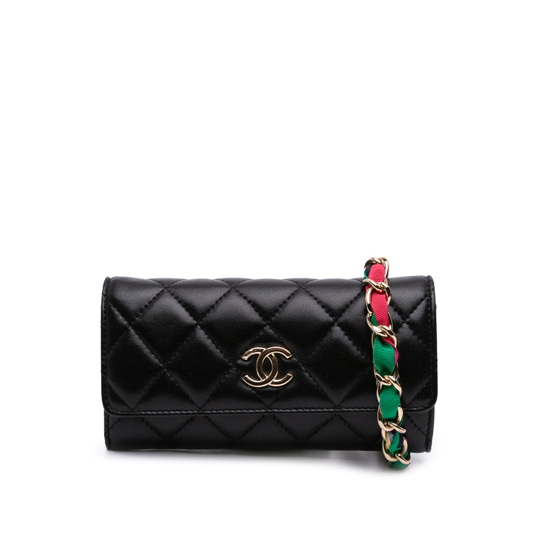 CC Quilted Shiny Lambskin Ribbon Long Clutch on Chain Black - Gaby Paris