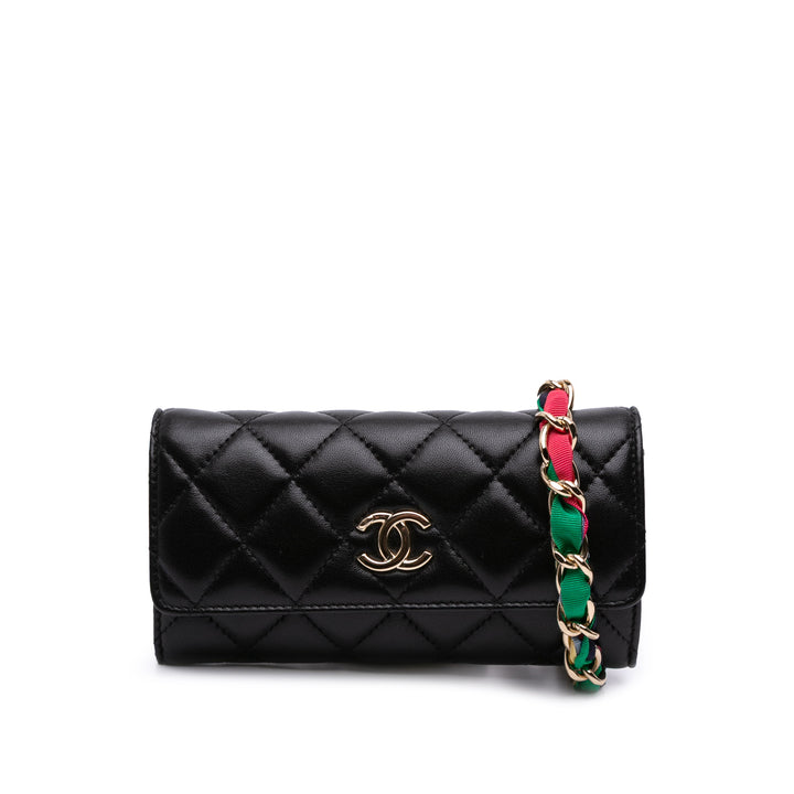 CC Quilted Shiny Lambskin Ribbon Long Clutch on Chain Black - Gaby Paris