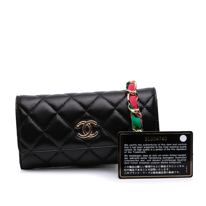CC Quilted Shiny Lambskin Ribbon Long Clutch on Chain Black - Gaby Paris