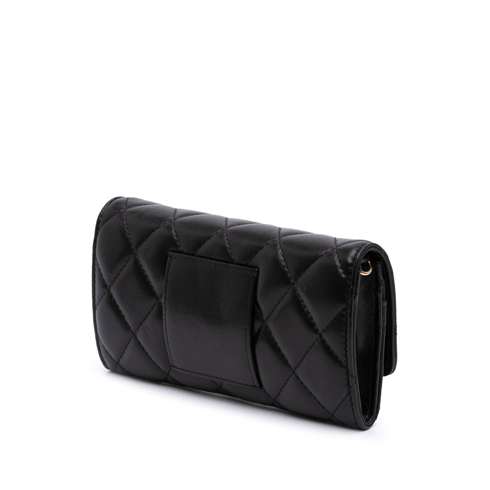 CC Quilted Shiny Lambskin Ribbon Long Clutch on Chain Black - Gaby Paris
