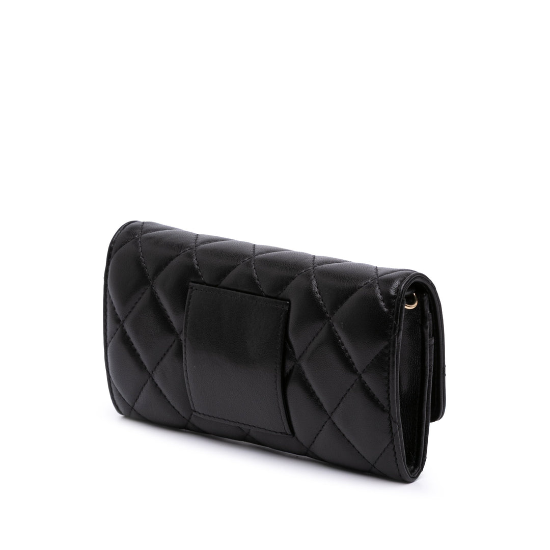CC Quilted Shiny Lambskin Ribbon Long Clutch on Chain Black - Gaby Paris