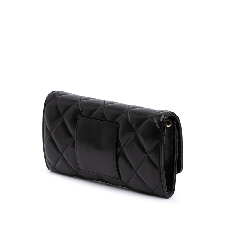 CC Quilted Shiny Lambskin Ribbon Long Clutch on Chain Black - Gaby Paris