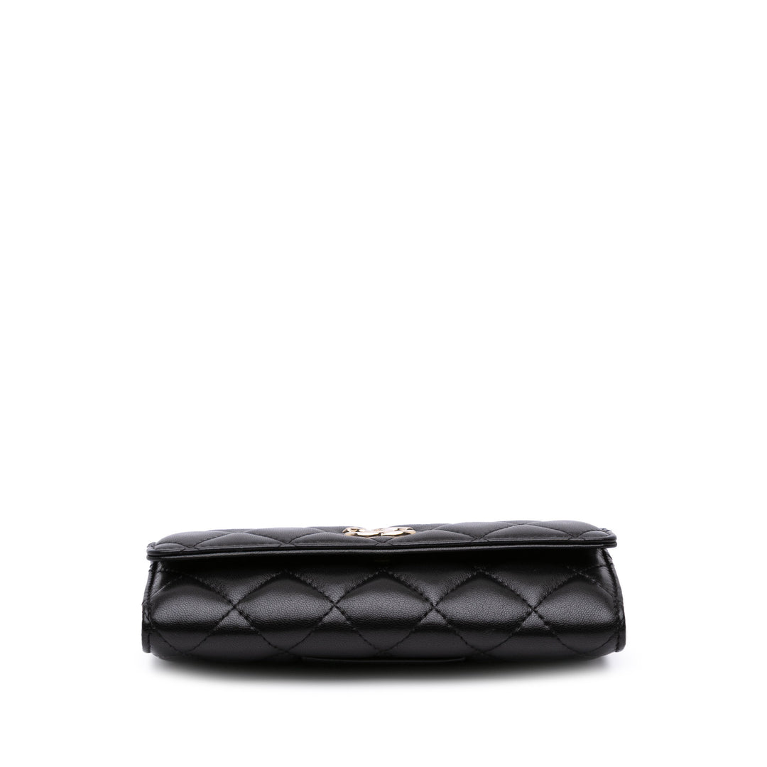 CC Quilted Shiny Lambskin Ribbon Long Clutch on Chain Black - Gaby Paris