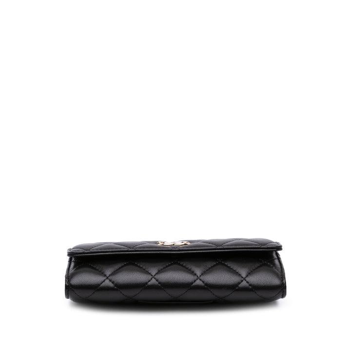 CC Quilted Shiny Lambskin Ribbon Long Clutch on Chain Black - Gaby Paris