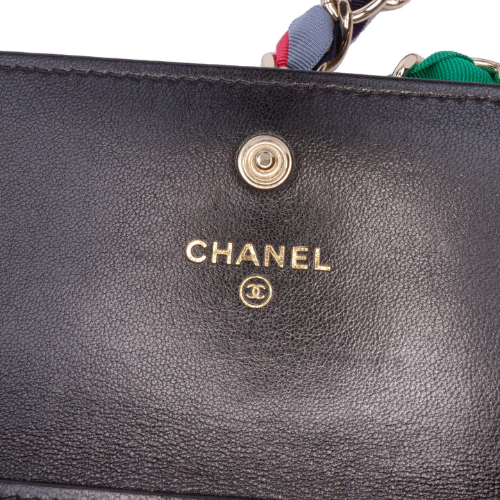 CC Quilted Shiny Lambskin Ribbon Long Clutch on Chain Black - Gaby Paris