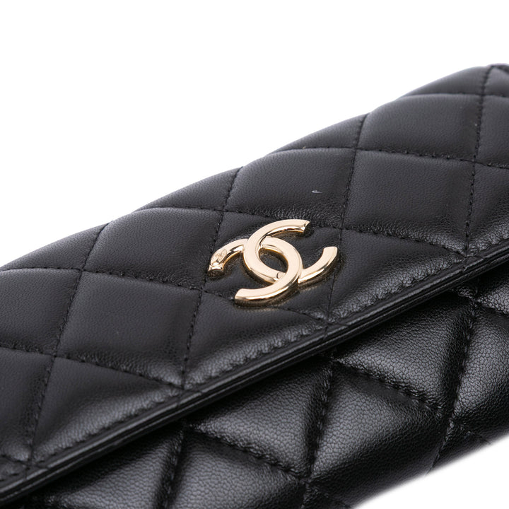 CC Quilted Shiny Lambskin Ribbon Long Clutch on Chain Black - Gaby Paris