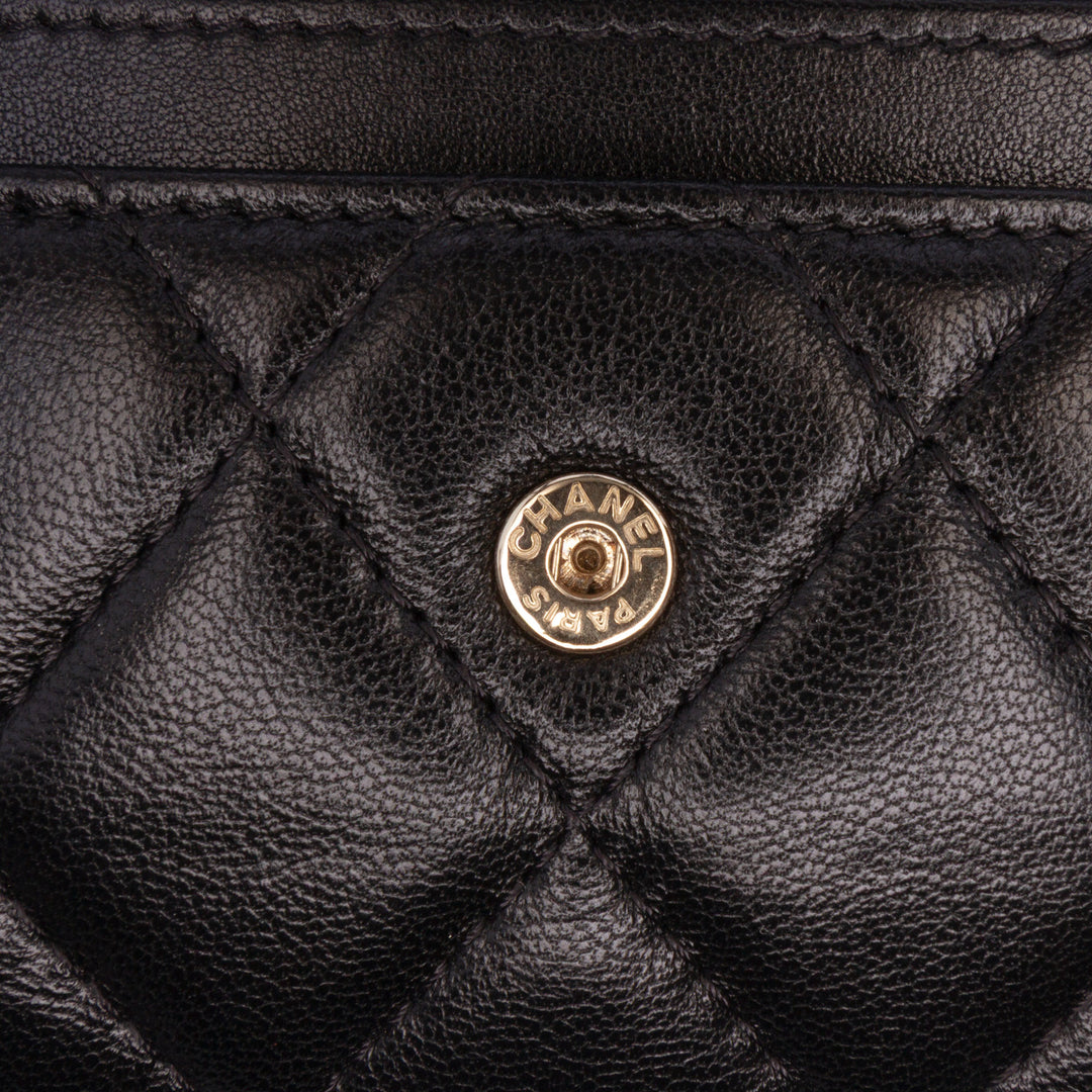 CC Quilted Shiny Lambskin Ribbon Long Clutch on Chain Black - Gaby Paris