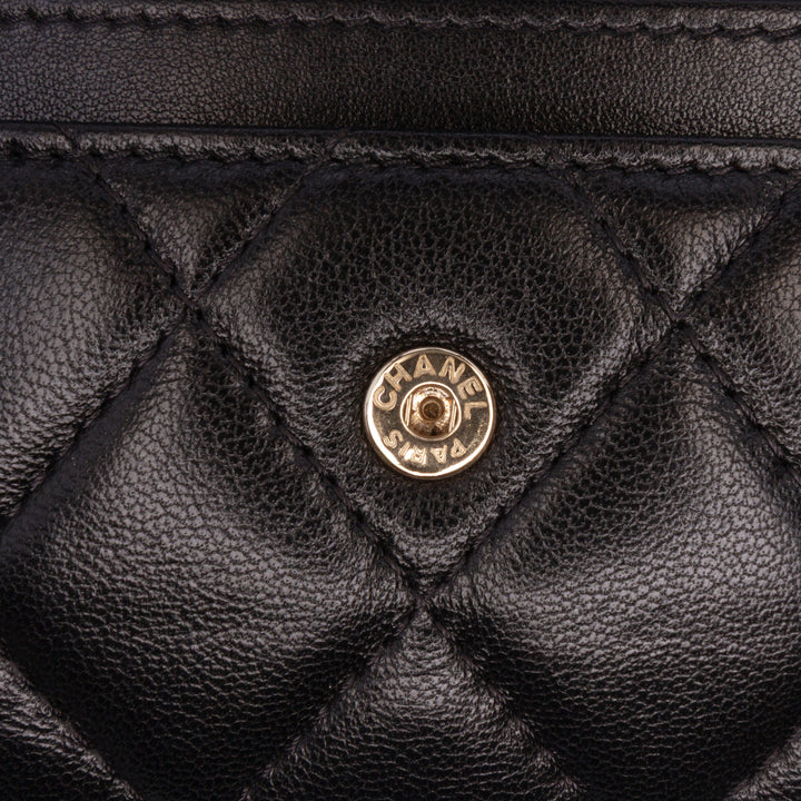 CC Quilted Shiny Lambskin Ribbon Long Clutch on Chain Black - Gaby Paris