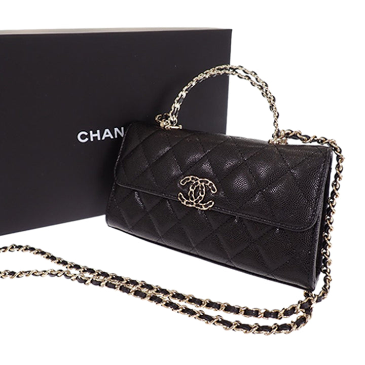 Coco First à rabat Étui téléphone avec chaîne Cuir caviar Noir