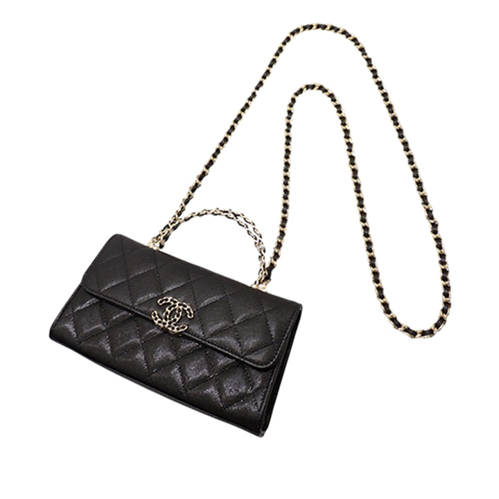 Coco First à rabat Étui téléphone avec chaîne Cuir caviar Noir