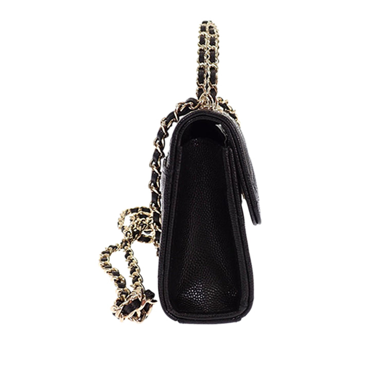 Coco First à rabat Étui téléphone avec chaîne Cuir caviar Noir