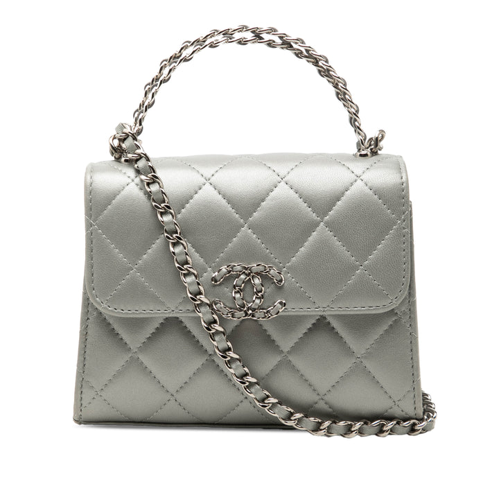 CC Métallisé Pochette avec chaîne Mini Cuir d'agneau Argenté