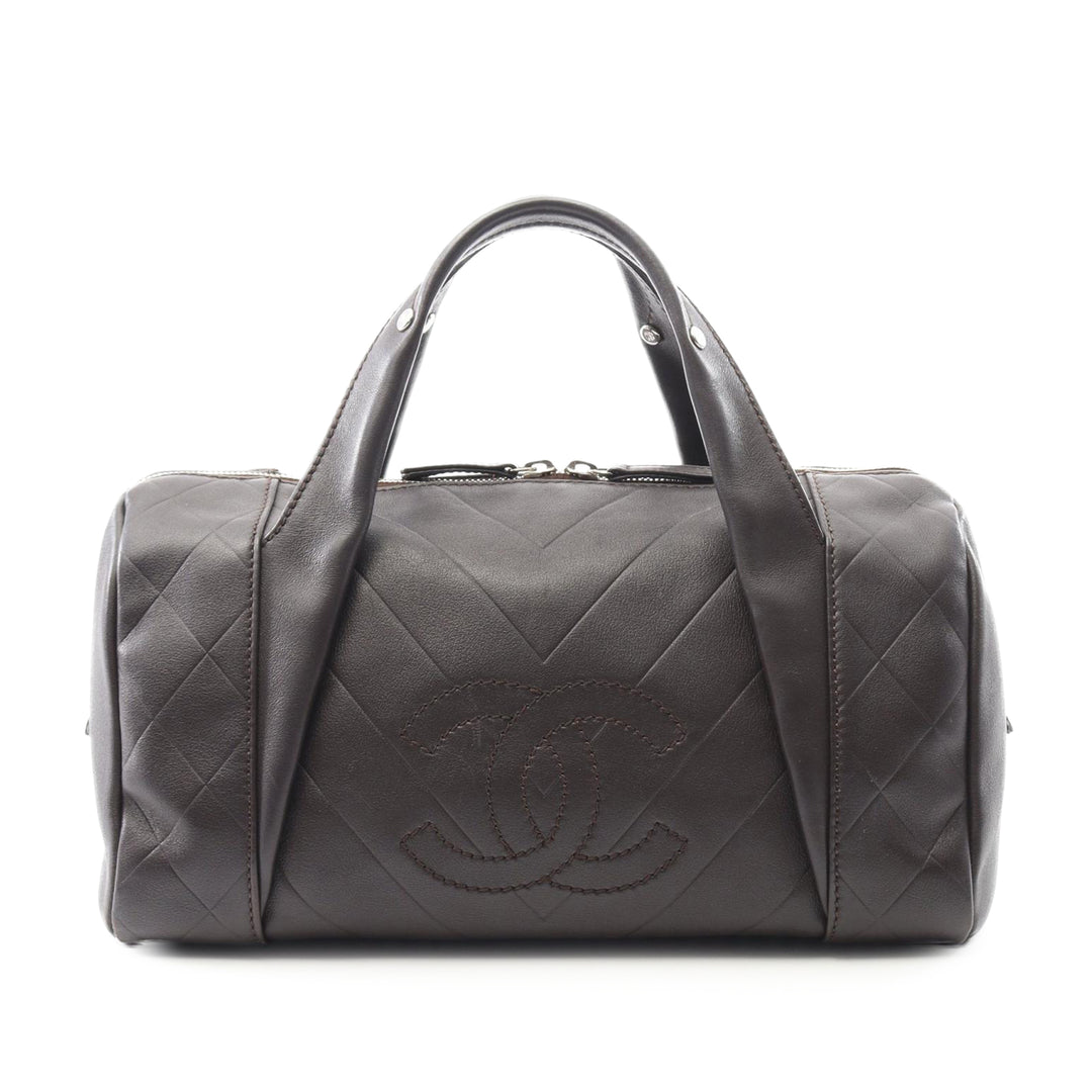 CC Chevron Quilted Lambskin Boston Bag Brown - Gaby Paris