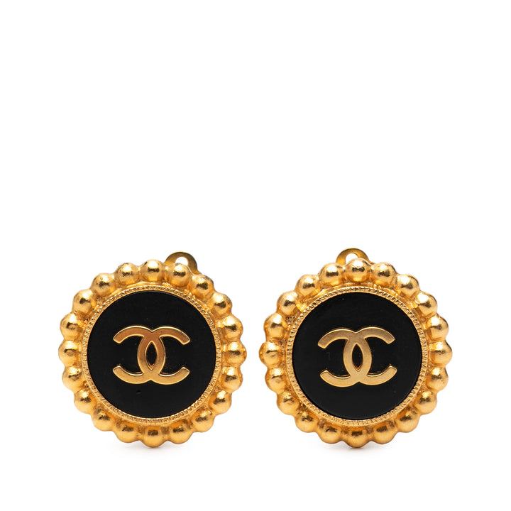 Chanel CC plaqué et Émail Button Clip On Boucles d'oreilles
