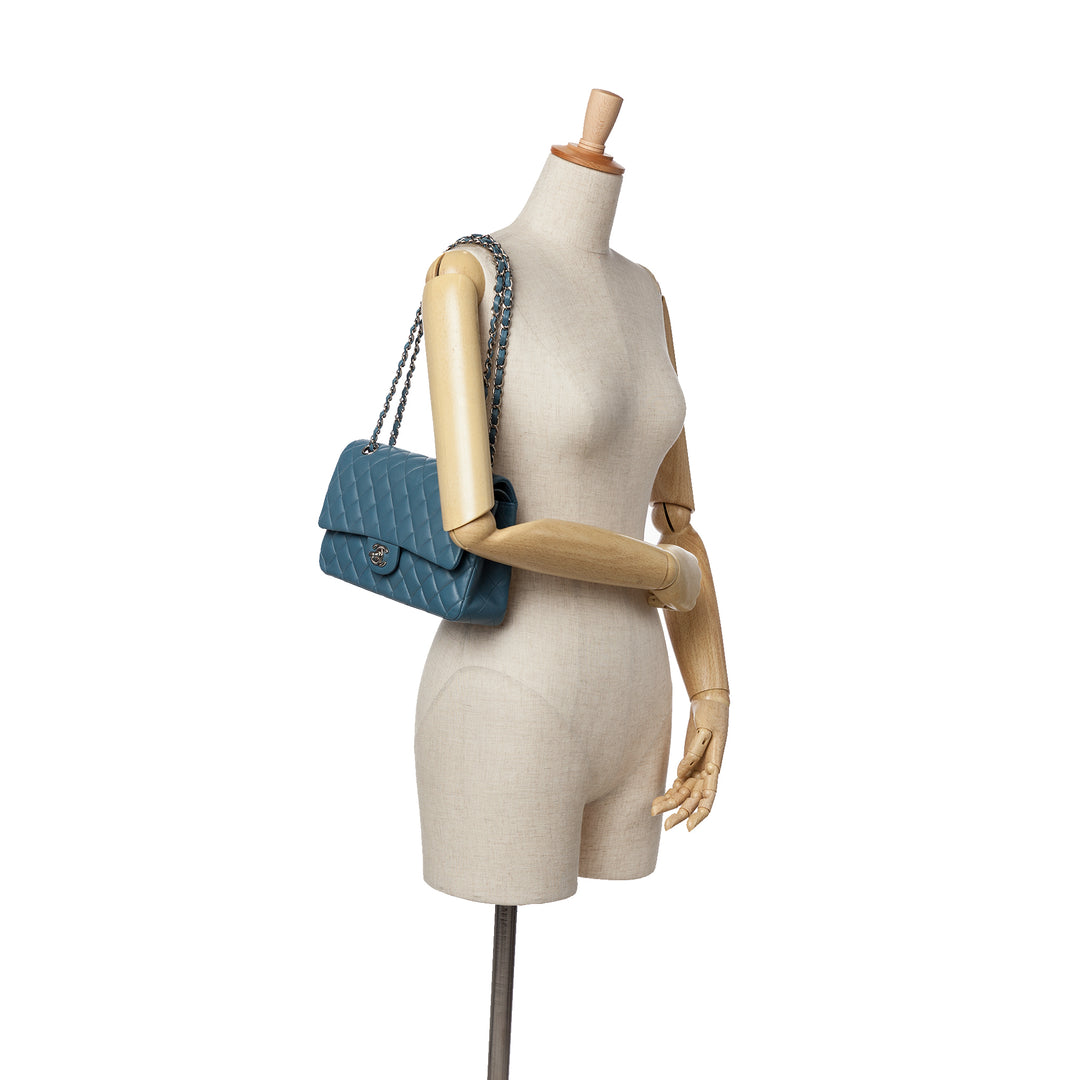 Medium Classic Lambskin Double Flap Blue - Gaby Paris