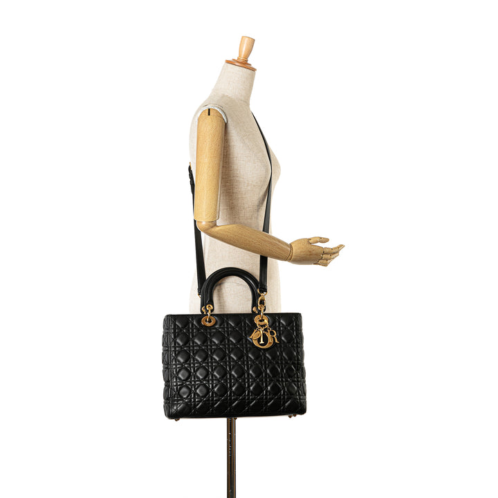 Large Lambskin Cannage Lady Dior Black - Gaby Paris