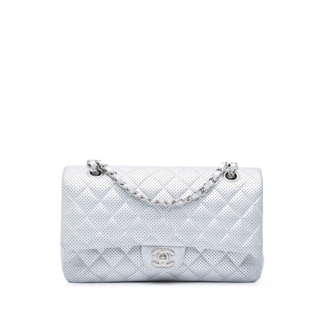 Medium Classic Perforated Lambskin Double Flap Silver - Gaby Paris