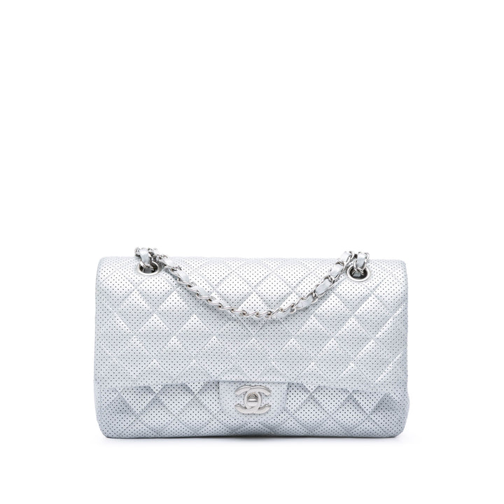 Medium Classic Perforated Lambskin Double Flap Silver - Gaby Paris