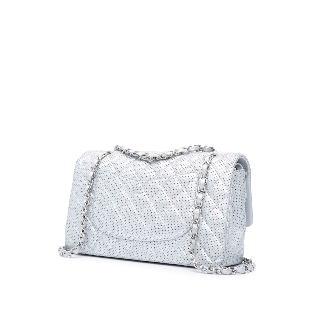 Medium Classic Perforated Lambskin Double Flap Silver - Gaby Paris