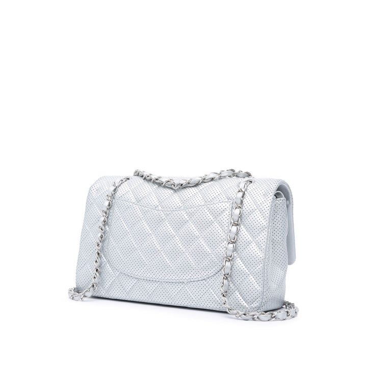 Medium Classic Perforated Lambskin Double Flap Silver - Gaby Paris