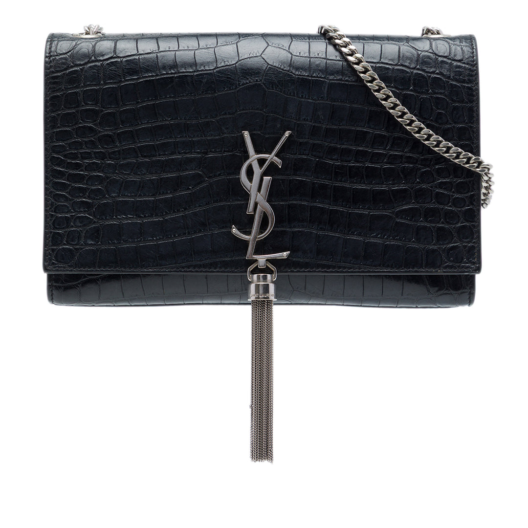 Saint Laurent Croc embossé Kate Pompon Sac Moyen Noir – vue principale – GABY PARIS