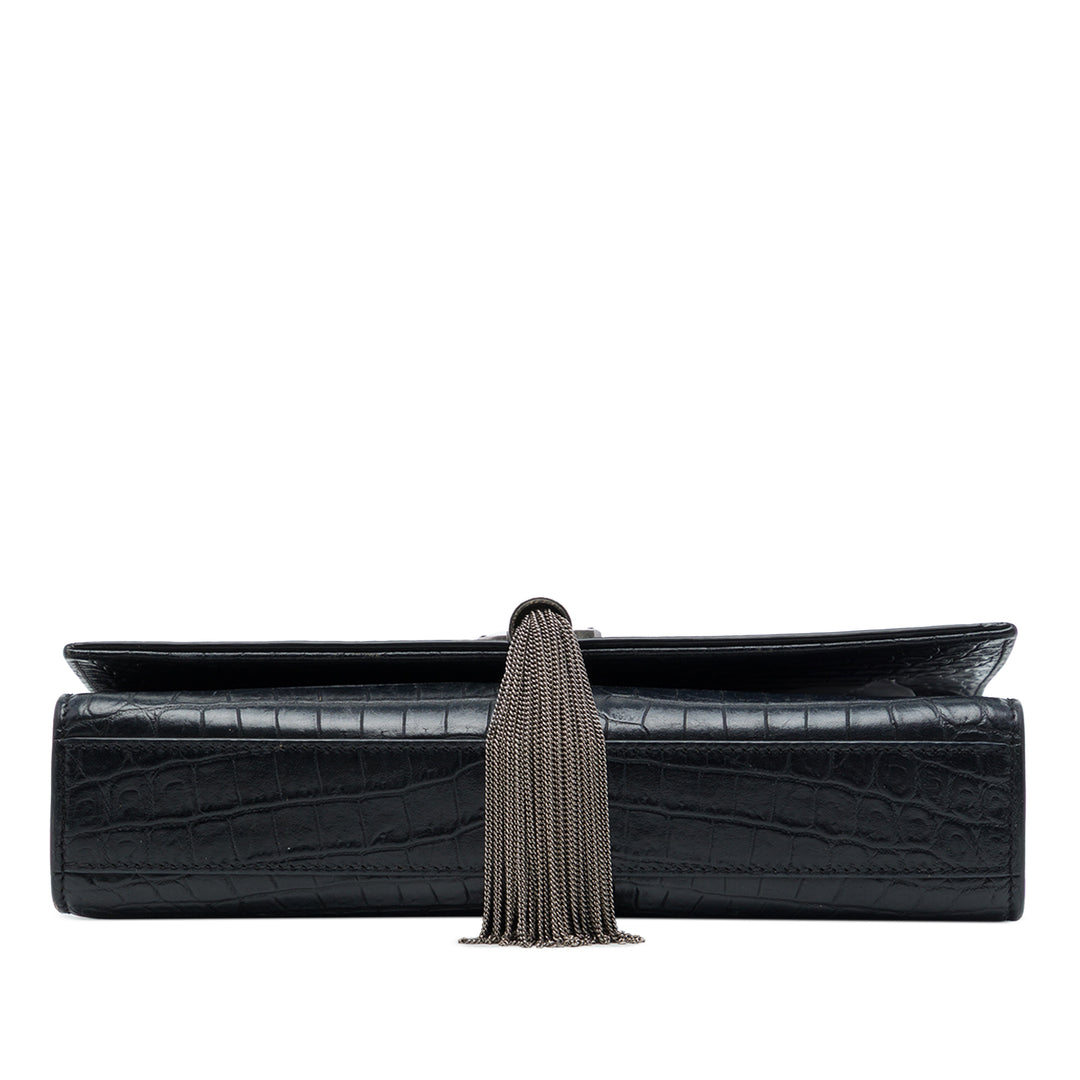 Saint Laurent Croc embossé Kate Pompon Sac Moyen Noir – vue 3 – GABY PARIS