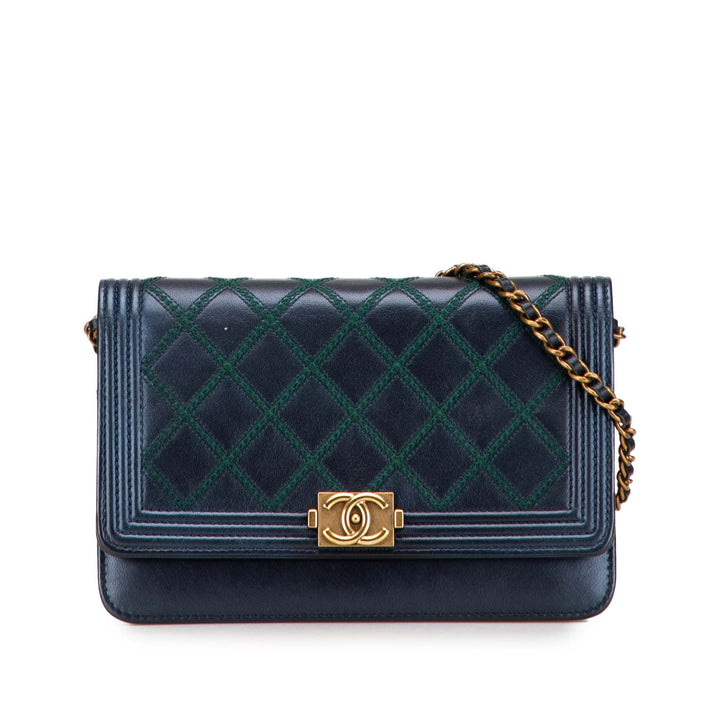 Chanel Cuir de veau Double Stitch Boy Wallet On Chain Bleu