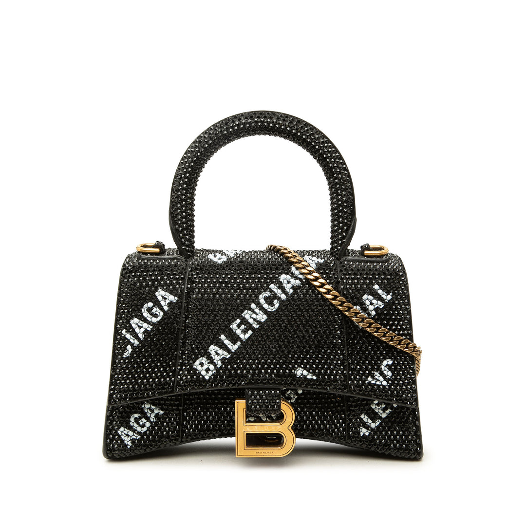 Balenciaga Sac à main Allover Logo Strass Hourglass à XS Noir – vue principale – GABY PARIS
