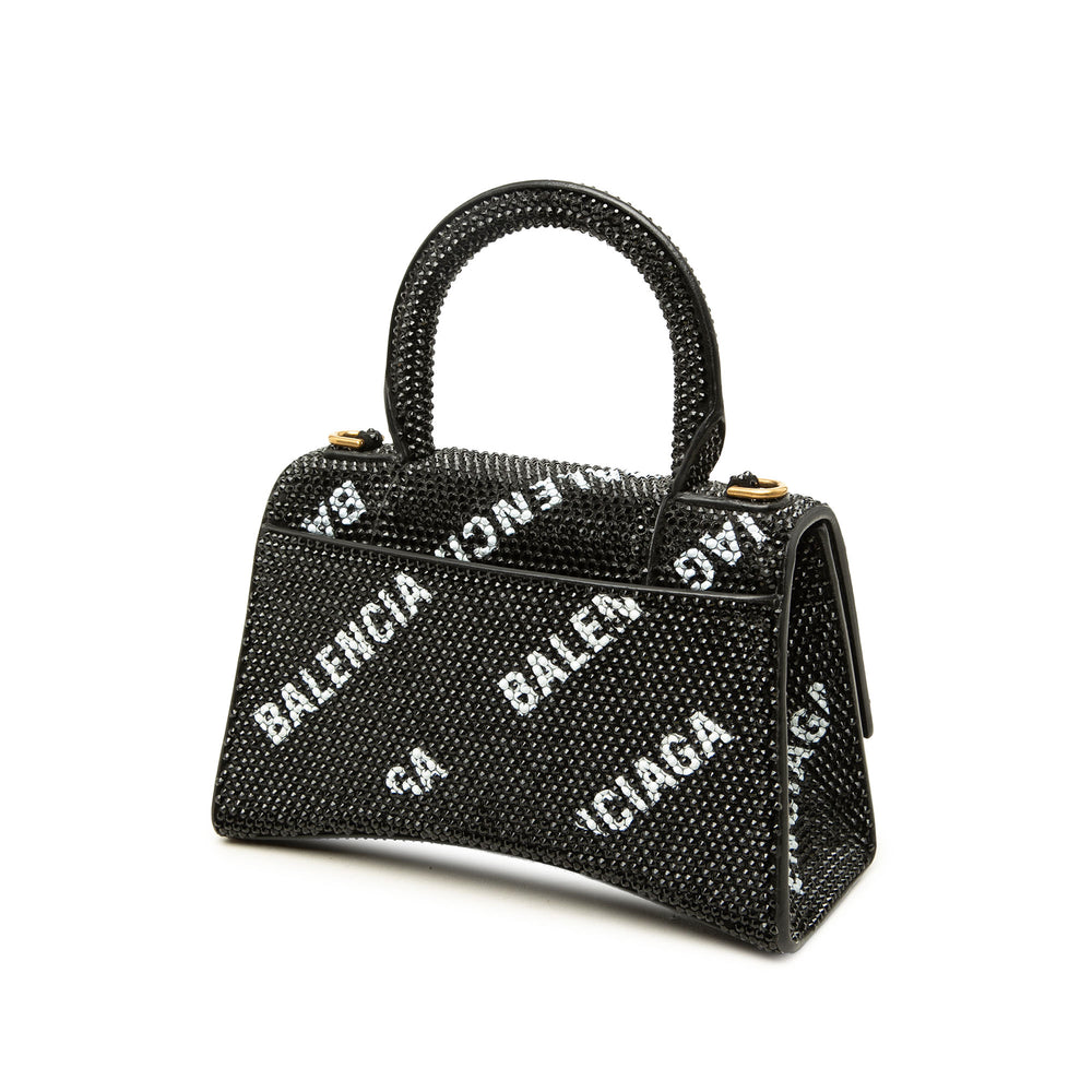 Balenciaga Sac à main Allover Logo Strass Hourglass à XS Noir – vue 2 – GABY PARIS