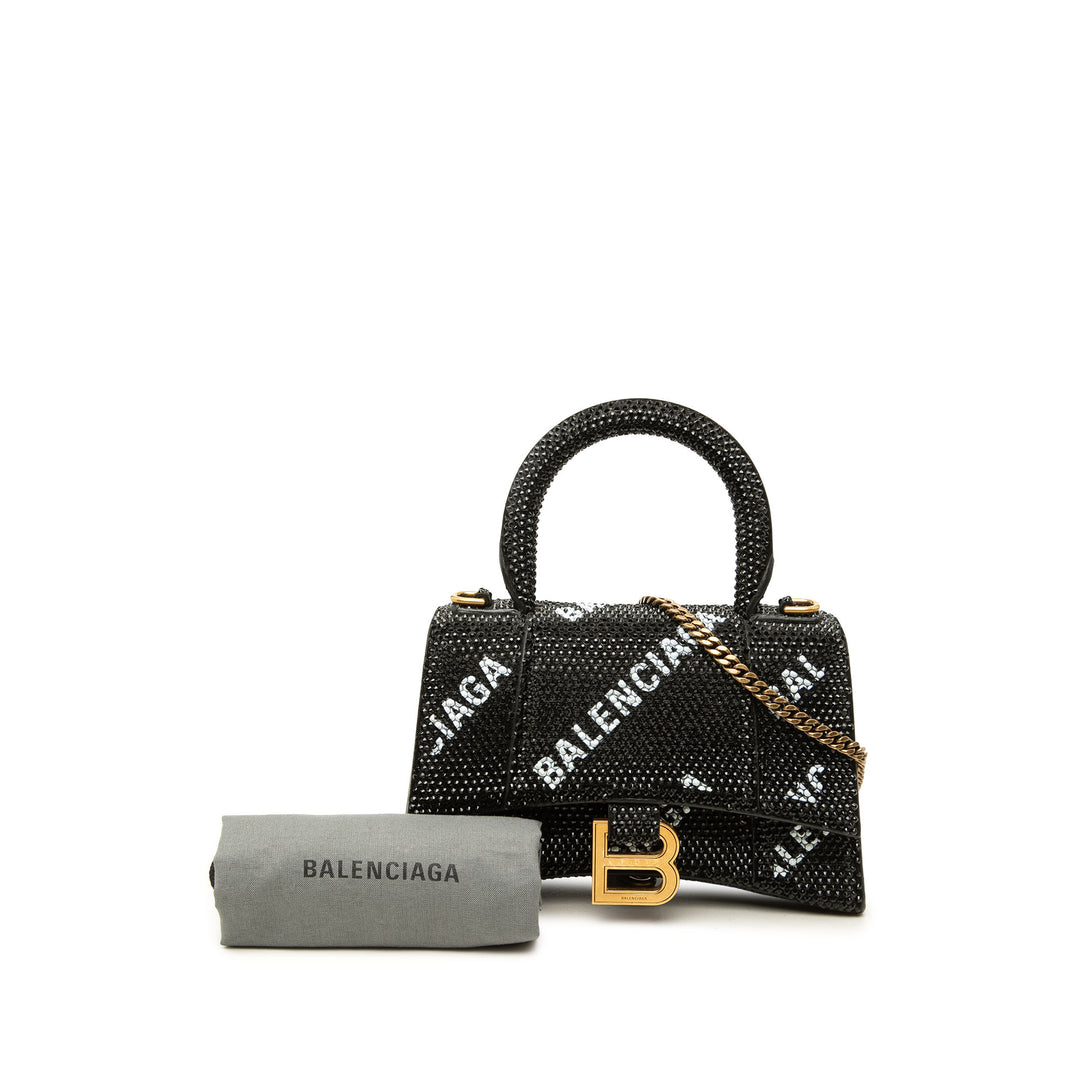 Balenciaga Sac à main Allover Logo Strass Hourglass à XS Noir – vue 7 – GABY PARIS