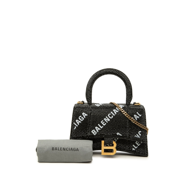 Balenciaga Sac à main Allover Logo Strass Hourglass à XS Noir – vue 7 – GABY PARIS