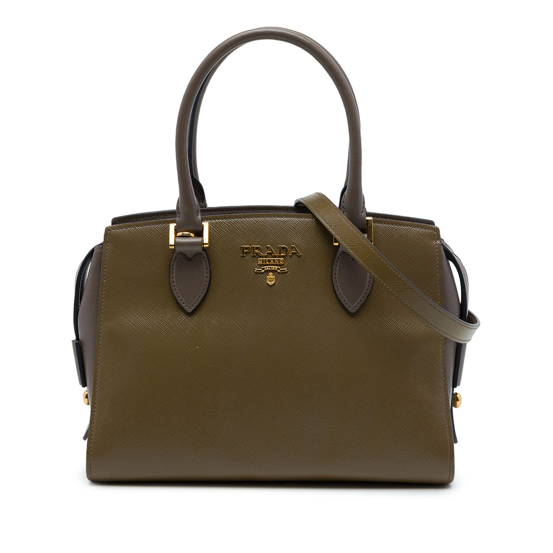 Prada Sac à main Bicolore Souple Veau à finitions Saffiano Marron – vue principale – GABY PARIS