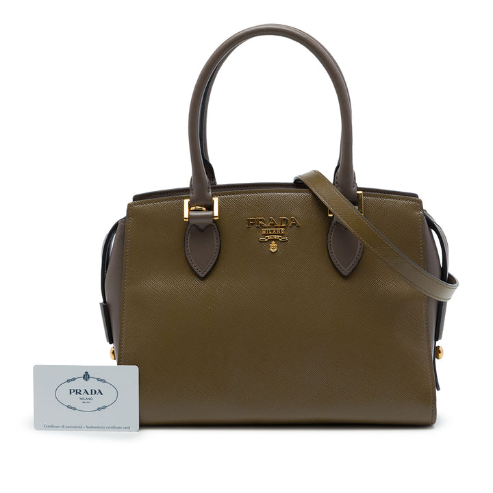 Prada Sac à main Bicolore Souple Veau à finitions Saffiano Marron – vue 7 – GABY PARIS