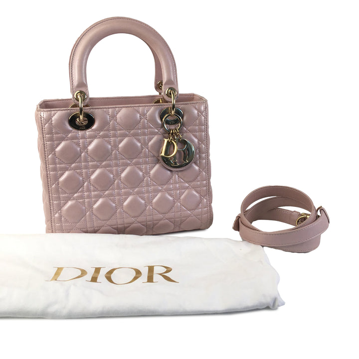 Medium Iridescent Lambskin Cannage Lady Dior Pink - Gaby Paris