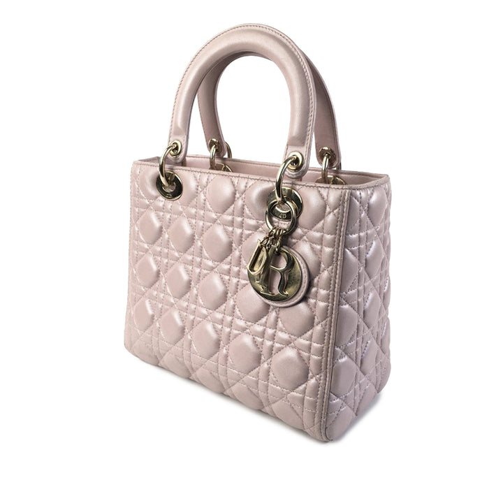 Medium Iridescent Lambskin Cannage Lady Dior Pink - Gaby Paris