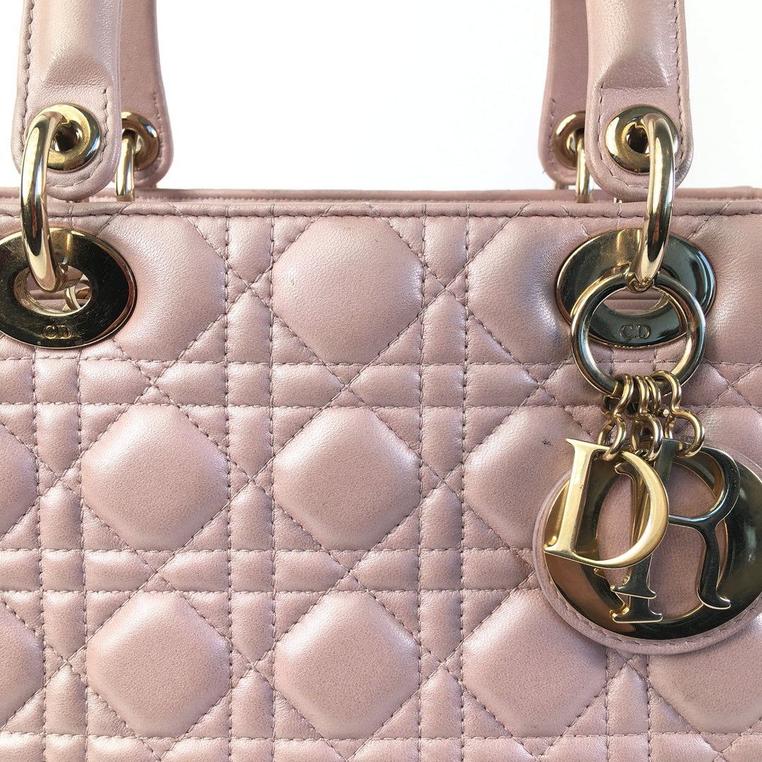 Medium Iridescent Lambskin Cannage Lady Dior Pink - Gaby Paris