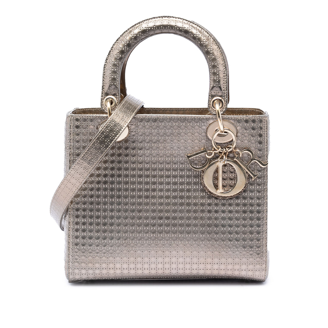 Dior Medium Metallic Cuir verni Microcannage Lady Dior