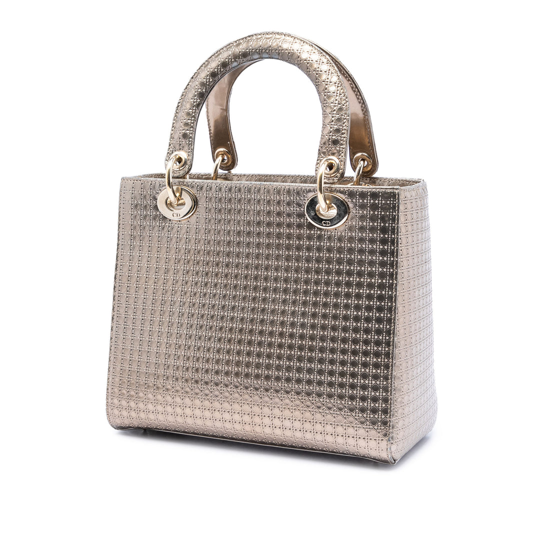 Dior Medium Metallic Cuir verni Microcannage Lady Dior