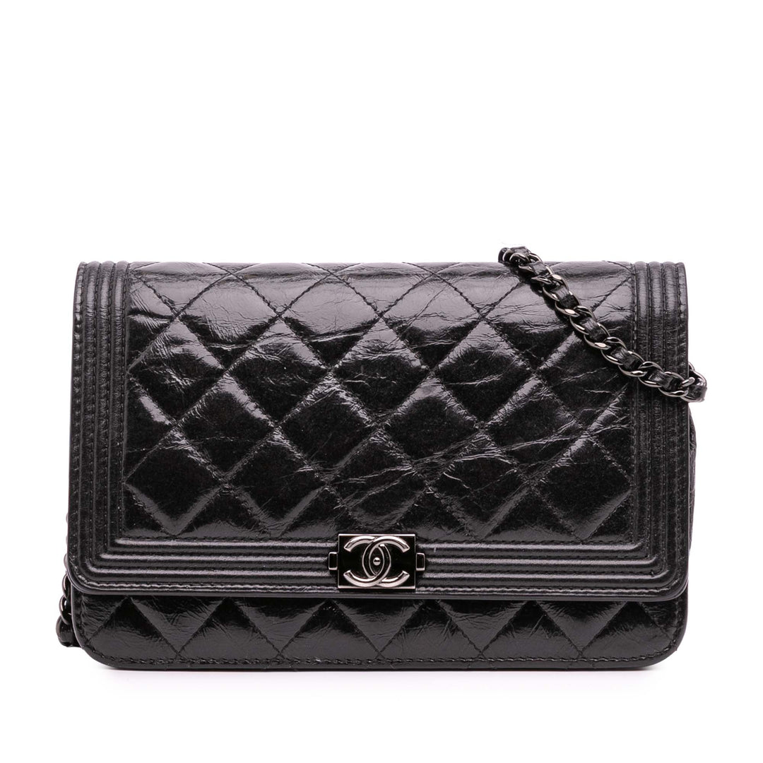 Quilted Shiny Aged Calfskin Boy Wallet On Chain Black - Gaby Paris