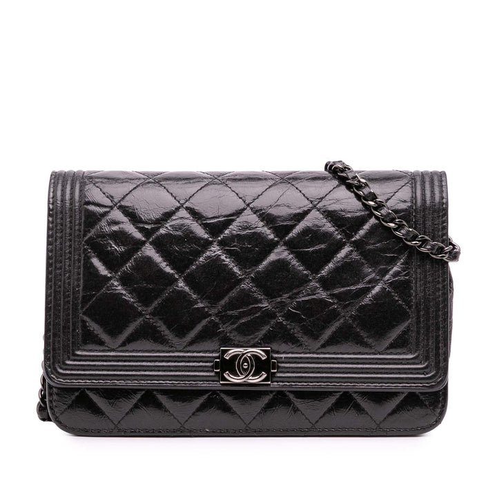 Quilted Shiny Aged Calfskin Boy Wallet On Chain Black - Gaby Paris