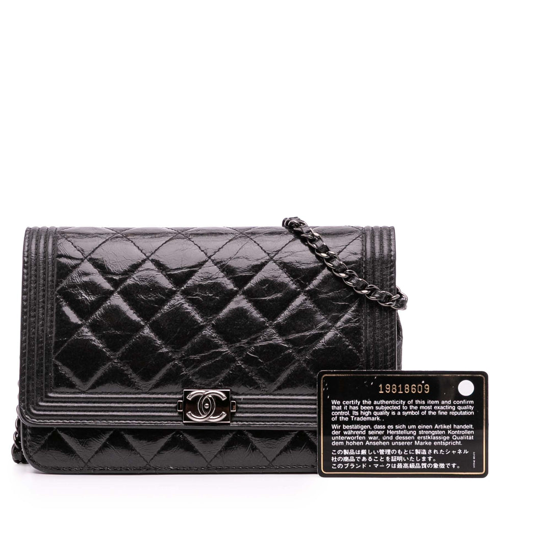 Quilted Shiny Aged Calfskin Boy Wallet On Chain Black - Gaby Paris