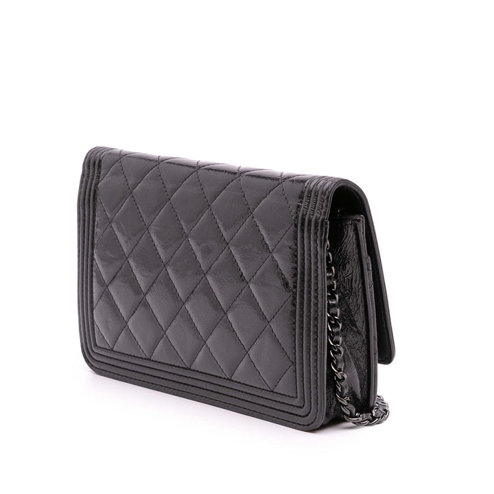 Quilted Shiny Aged Calfskin Boy Wallet On Chain Black - Gaby Paris