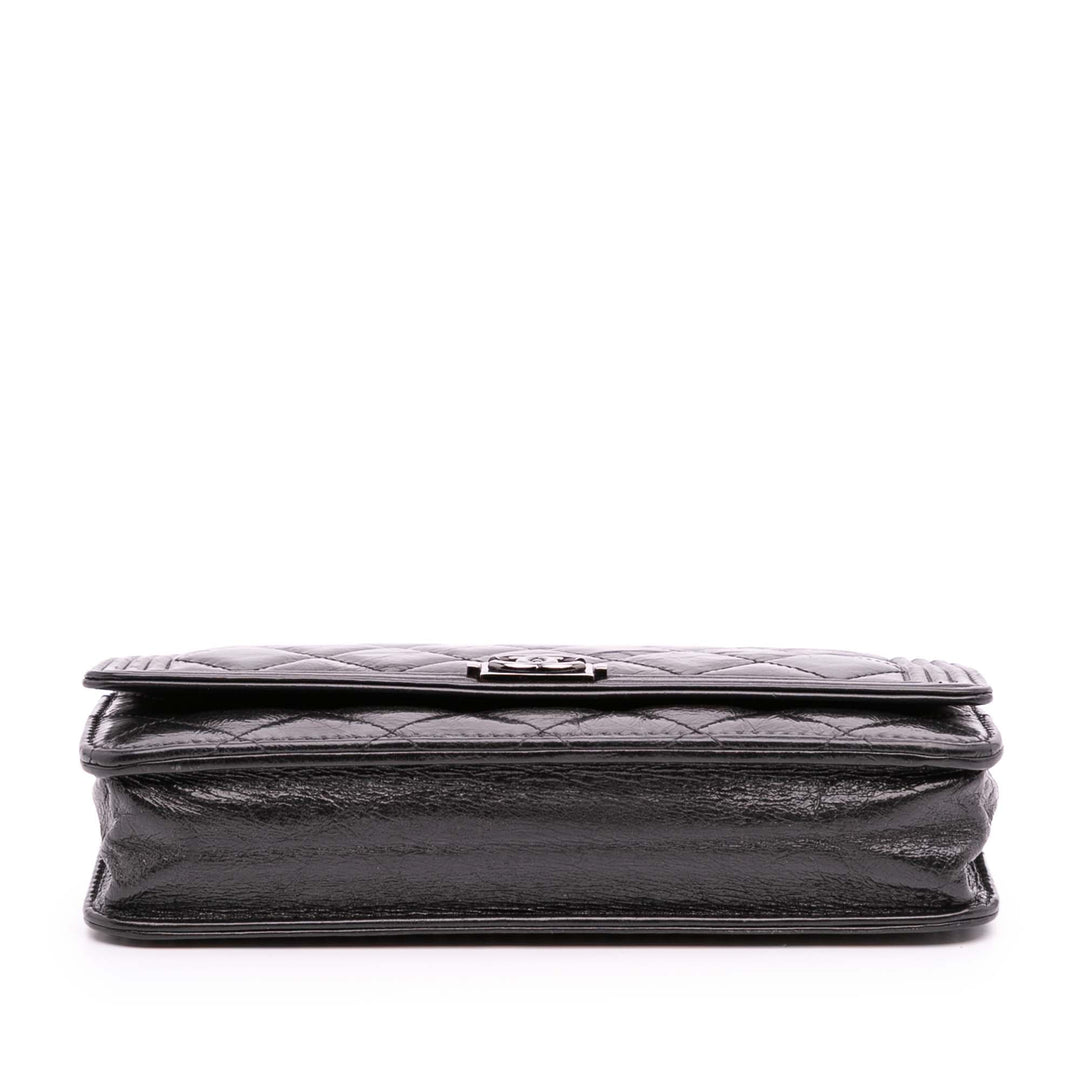 Quilted Shiny Aged Calfskin Boy Wallet On Chain Black - Gaby Paris