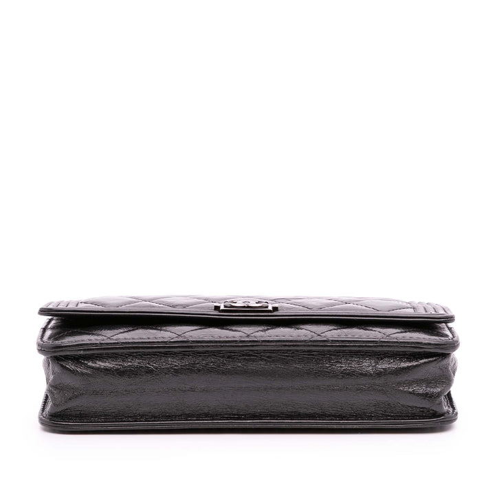 Quilted Shiny Aged Calfskin Boy Wallet On Chain Black - Gaby Paris