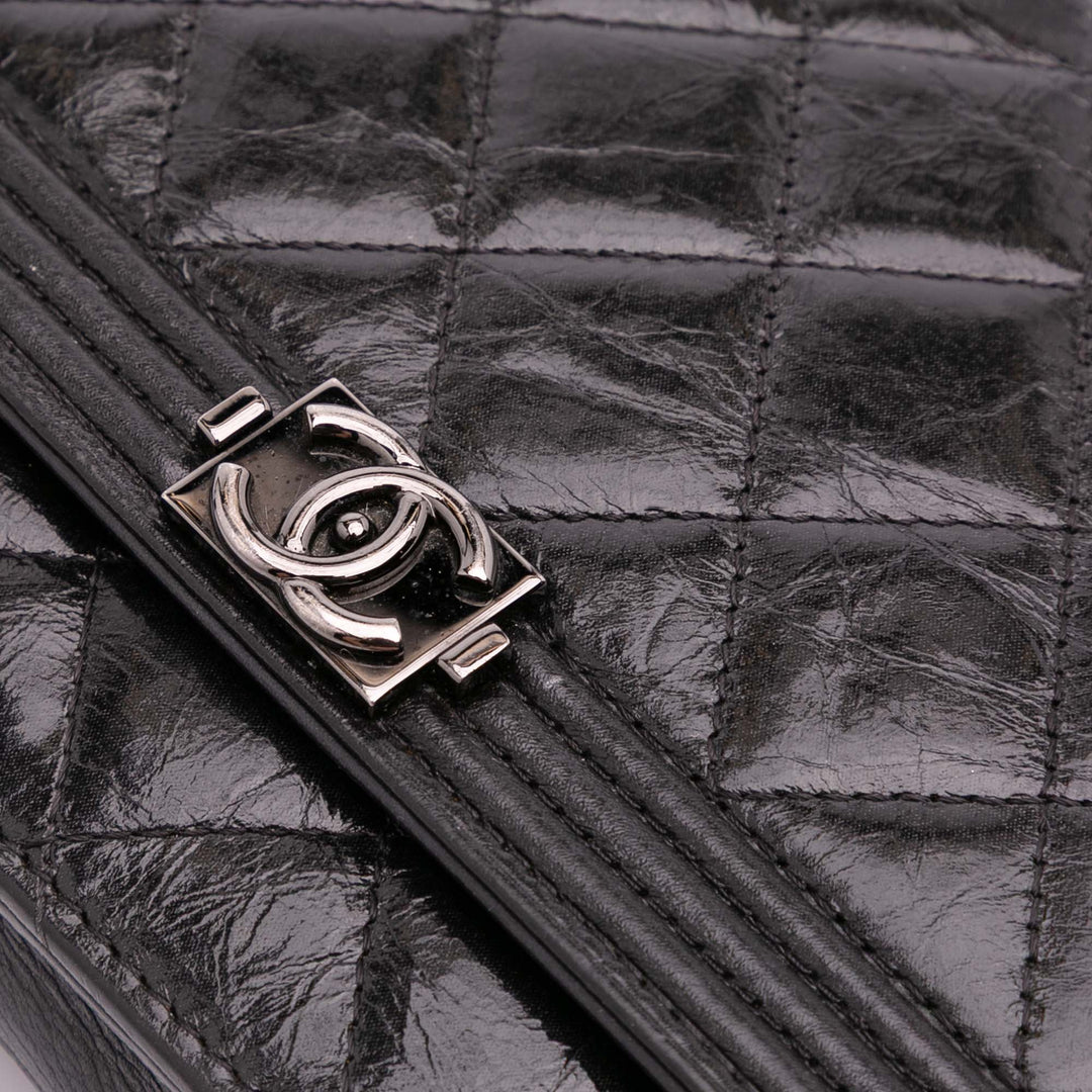 Quilted Shiny Aged Calfskin Boy Wallet On Chain Black - Gaby Paris